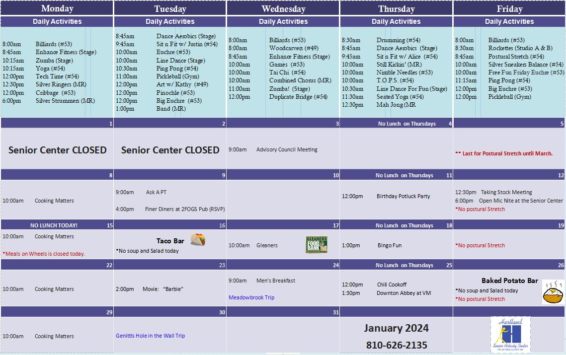 Monthly Calendar HARTLAND SENIOR ACTIVITY CENTER